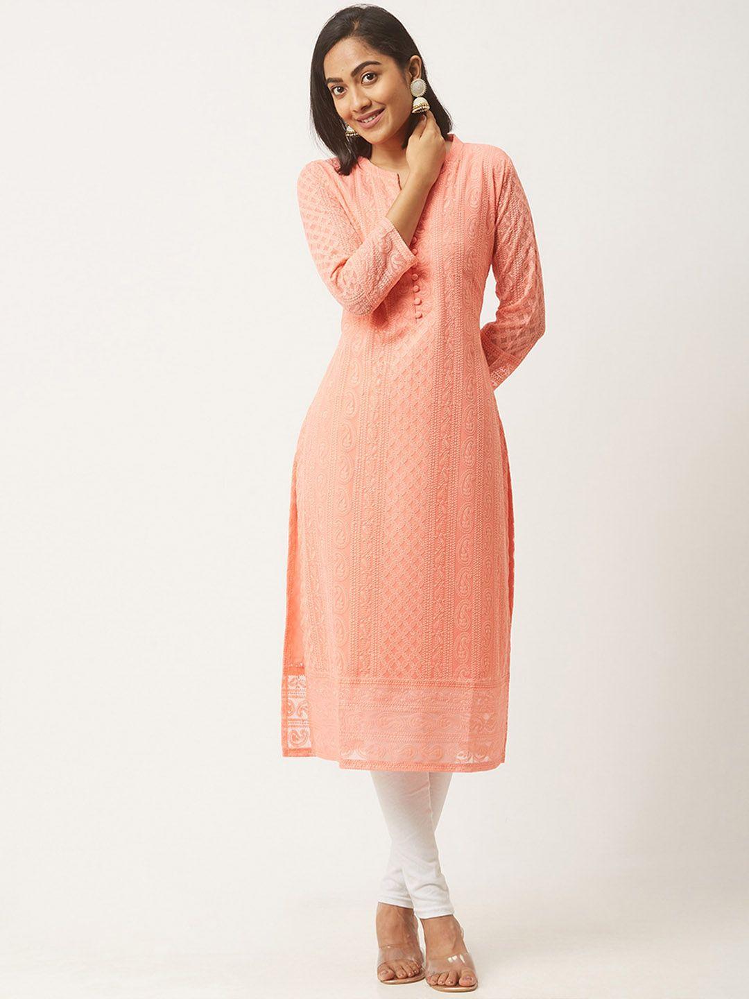 odette women peach-coloured thread work georgette kurta