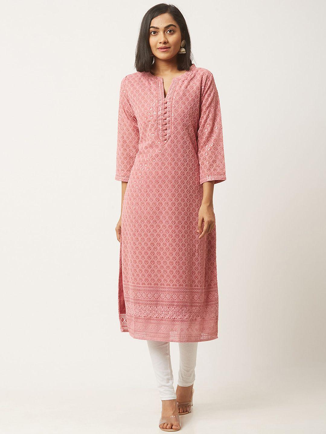 odette women pink ethnic motifs embroidered thread work georgette kurta