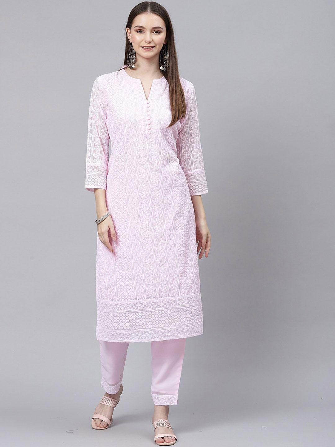 odette women pink geometric embroidered chikankari georgette kurta