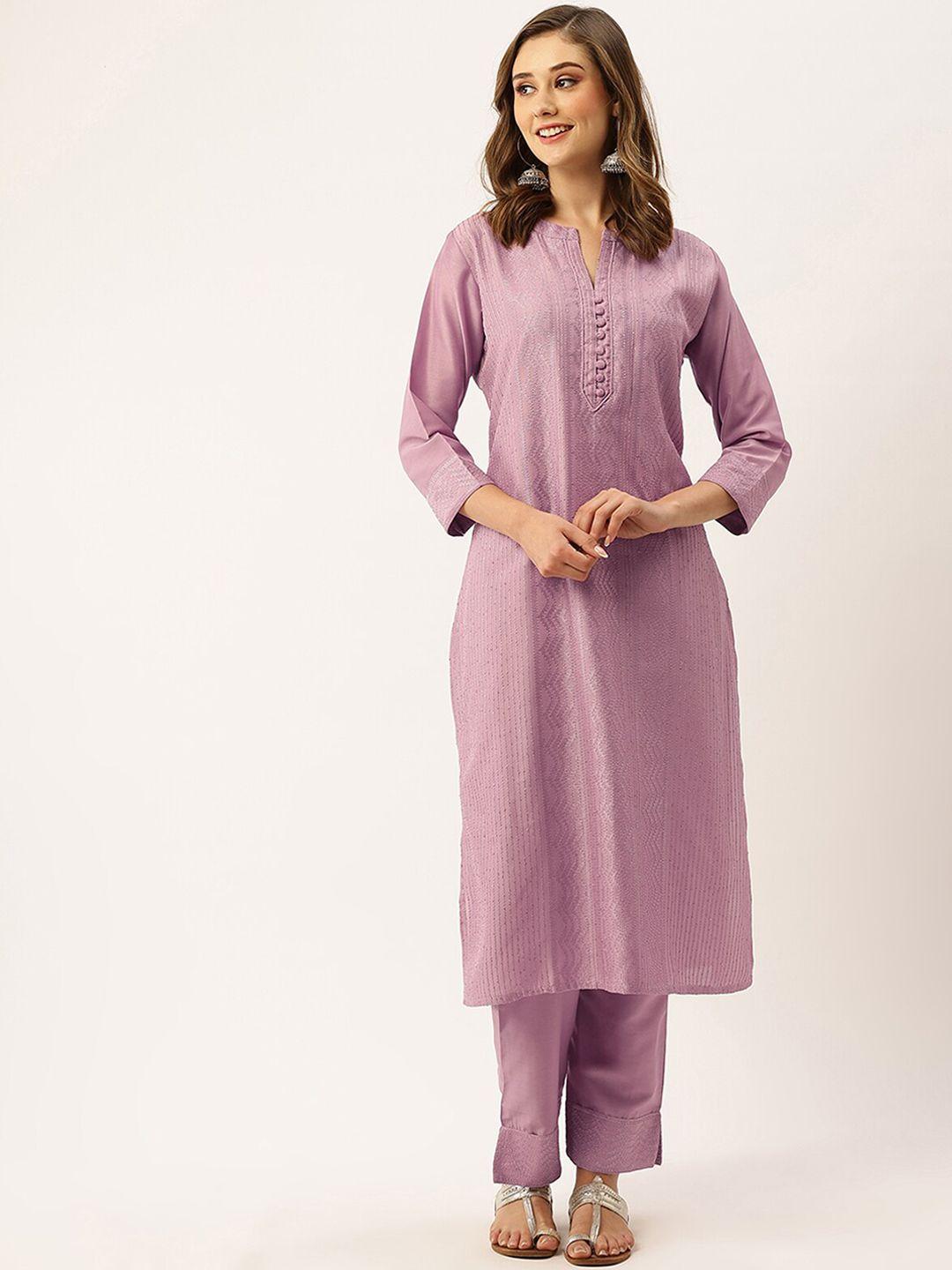 odette women purple ethnic motifs embroidered regular sequinned kurta with trousers