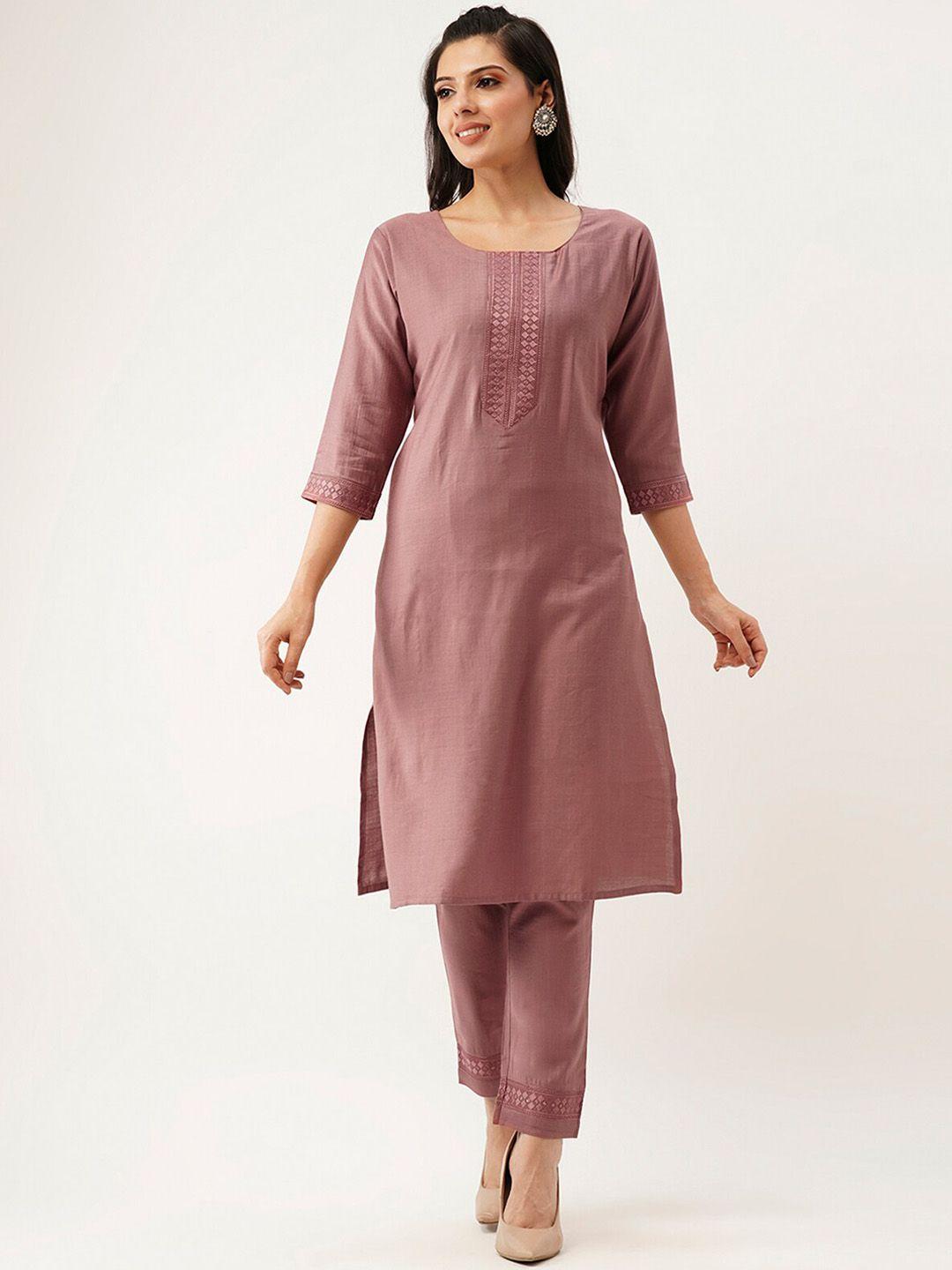 odette women purple ethnic motifs yoke design regular thread work kurta with trousers