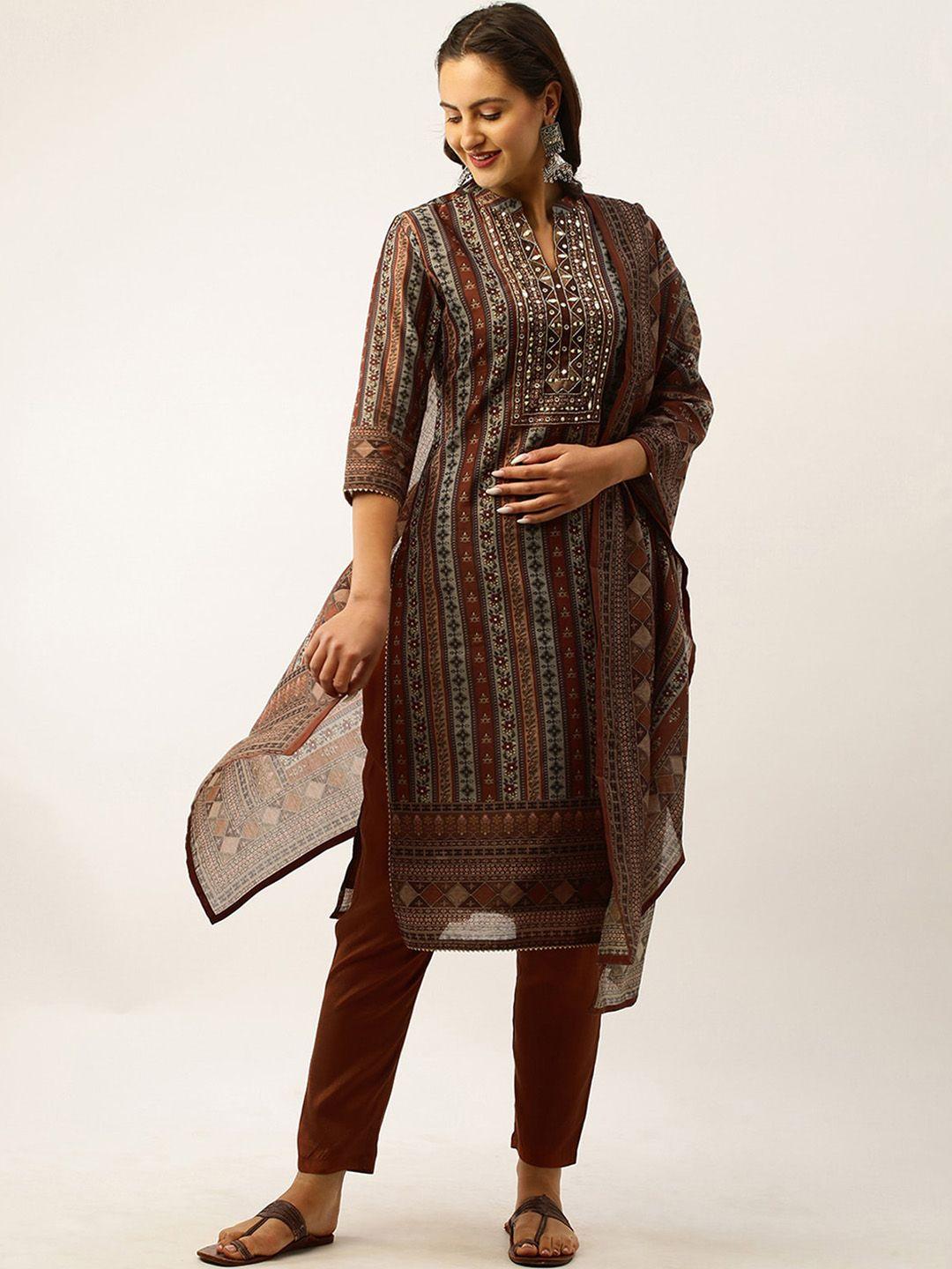 odette women rust ethnic motifs printed regular chanderi silk kurta with trousers & with dupatta