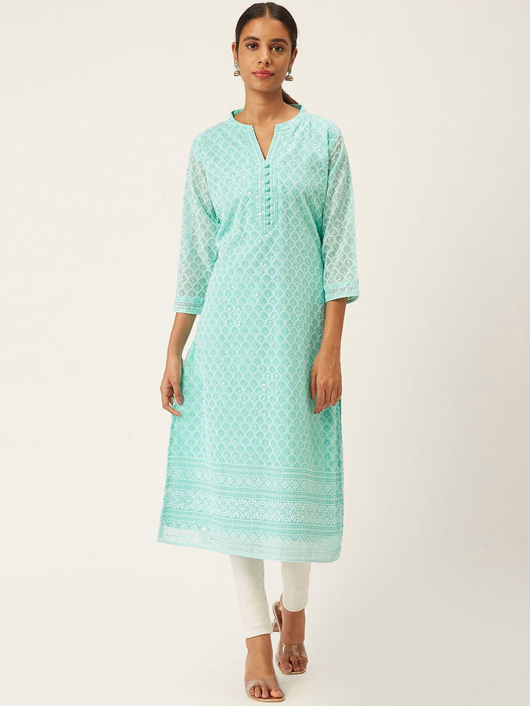 odette women sea green ethnic motifs embroidered thread work georgette kurta