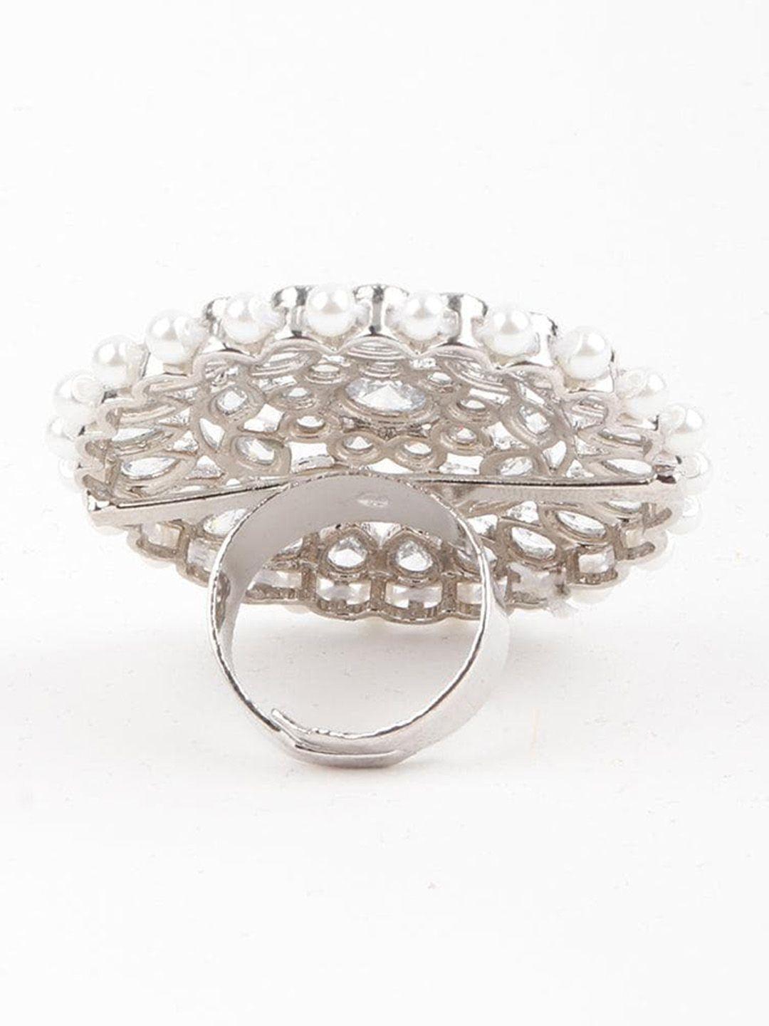 odette women sliver-plated stones & pearls studded floral design adjustable finger ring