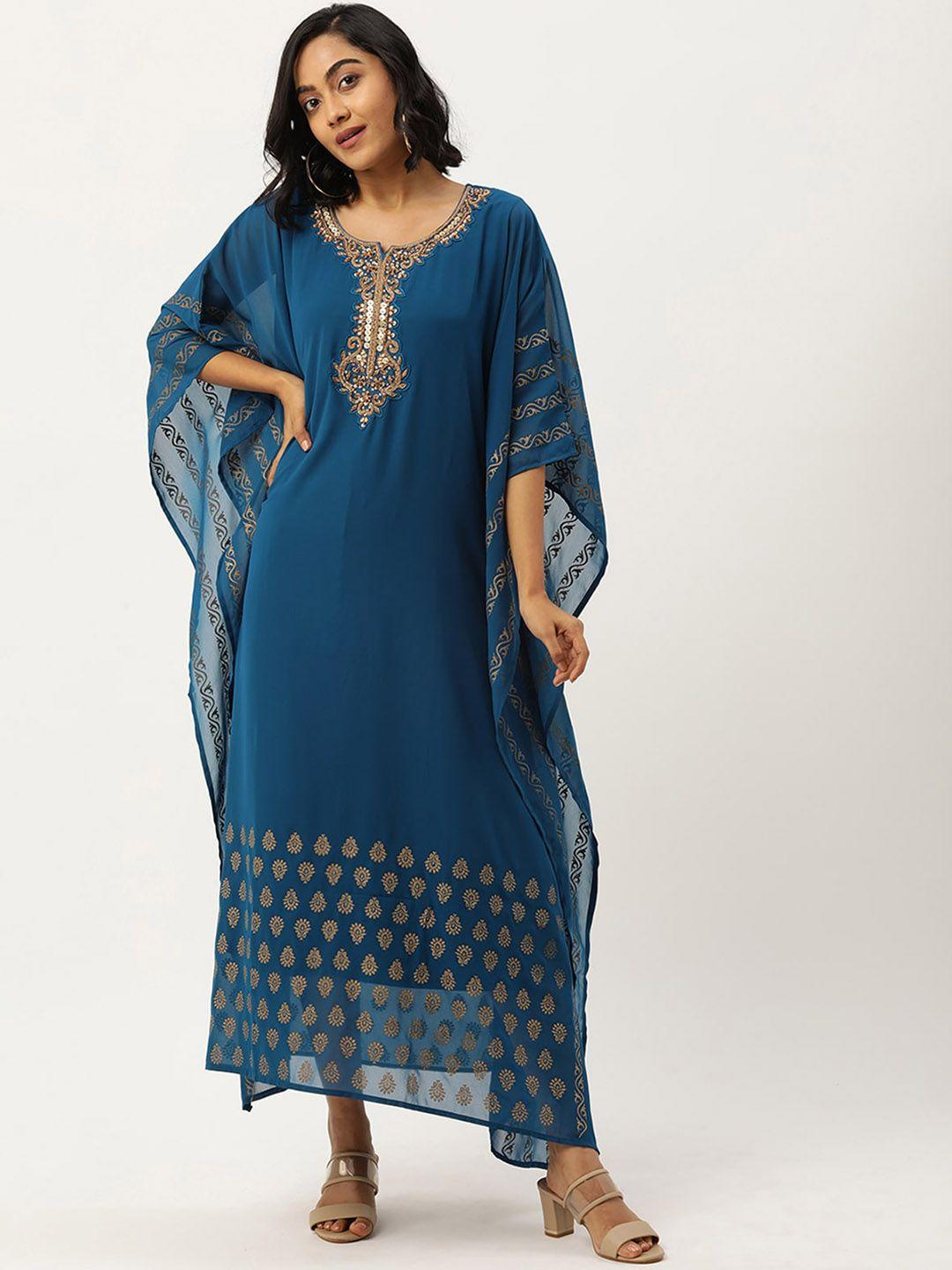 odette women teal ethnic motifs embroidered flared sleeves thread work georgette kurta