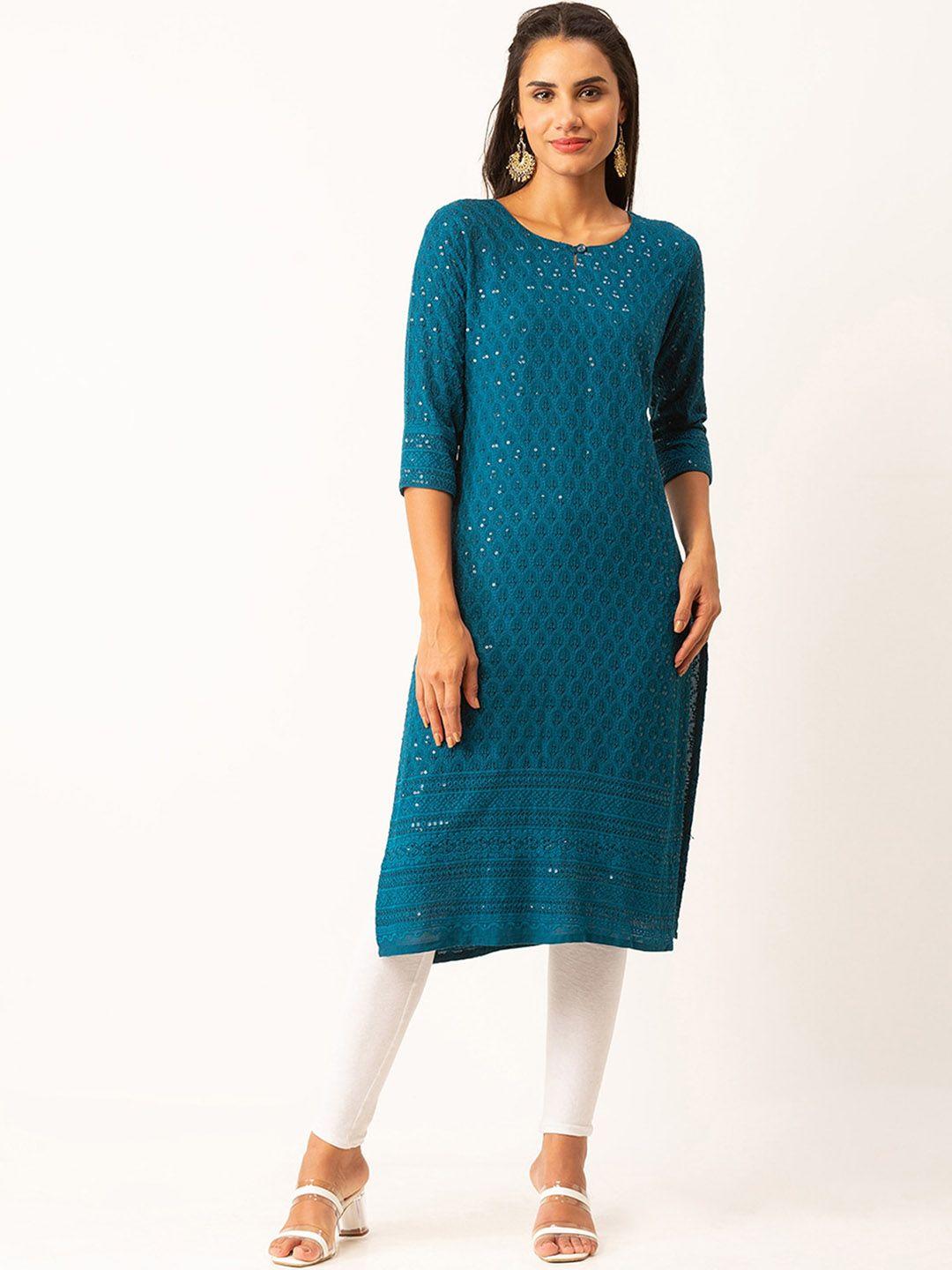 odette women teal geometric sequinned kurta