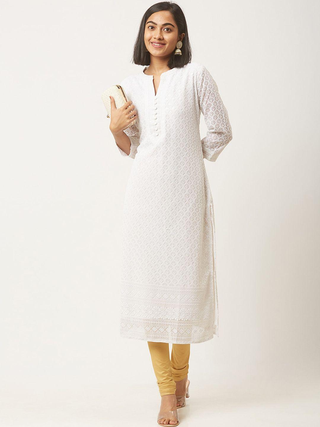 odette women white geometric embroidered gotta patti georgette kurta