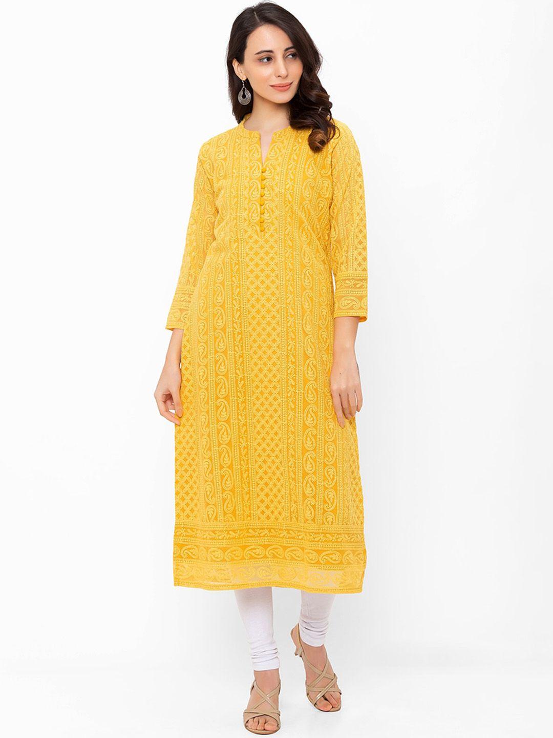 odette women yellow geometric georgette kurta