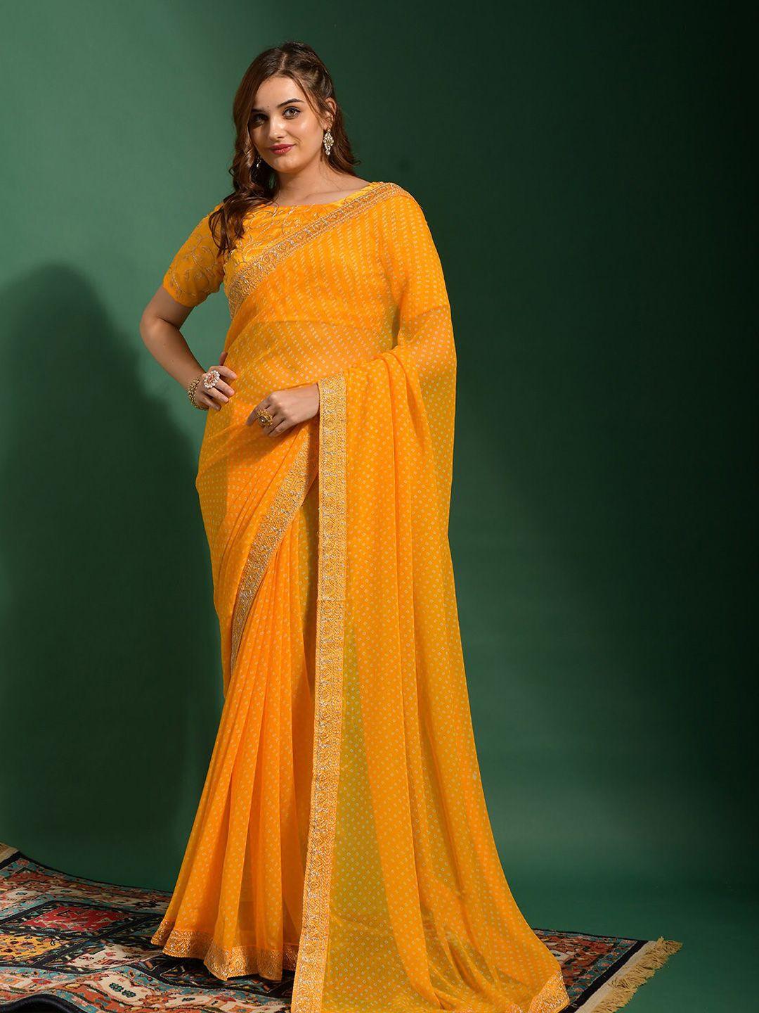 odette yellow & white bandhani embroidered saree