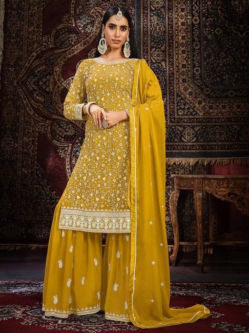 odette yellow embroidered unstitched dress material