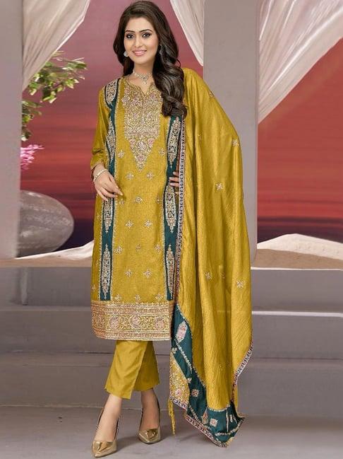 odette yellow embroidered unstitched dress material