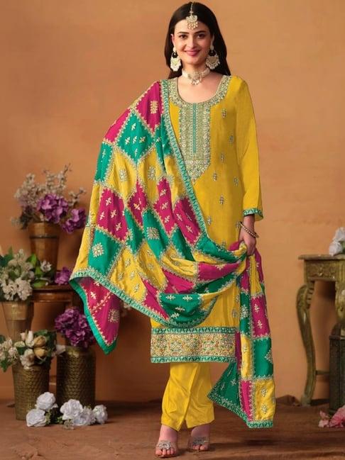 odette yellow embroidered unstitched kurta set