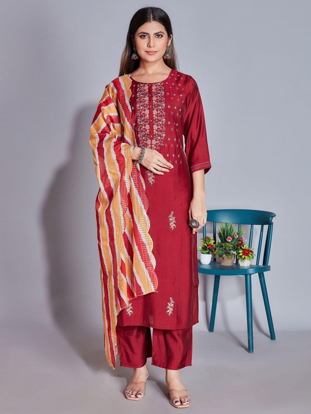 oequal floral embroidered round neck straight kurta with palazzo & dupatta