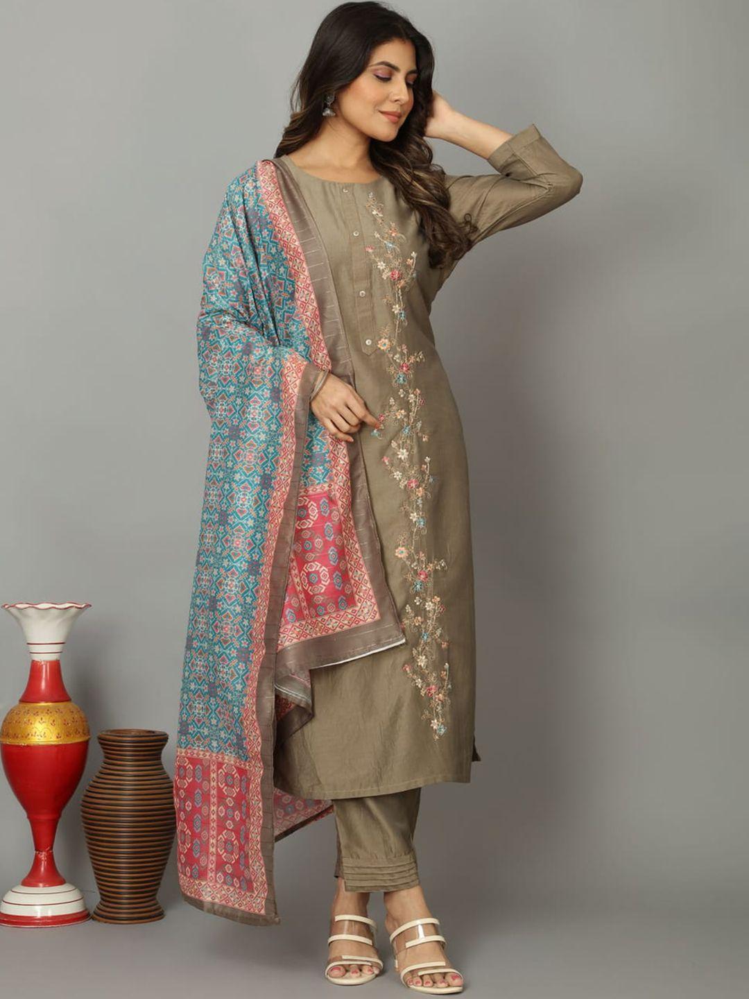 oequal ethnic motifs embroidered thread work kurta with trousers & dupatta