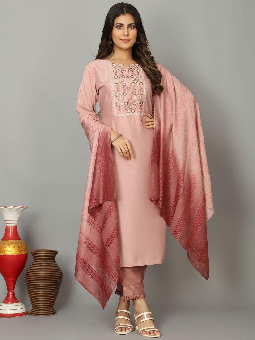 oequal ethnic motifs yoke design thread work straight kurta & trousers with dupatta