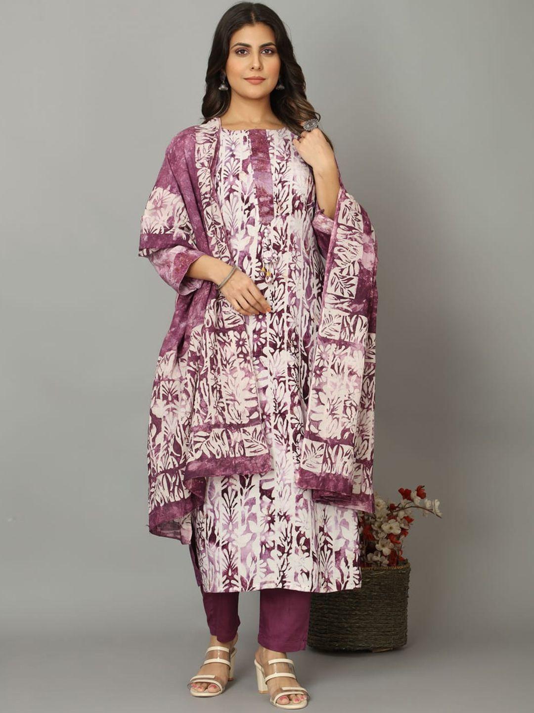 oequal floral printed pure cotton kurta with trousers & dupatta