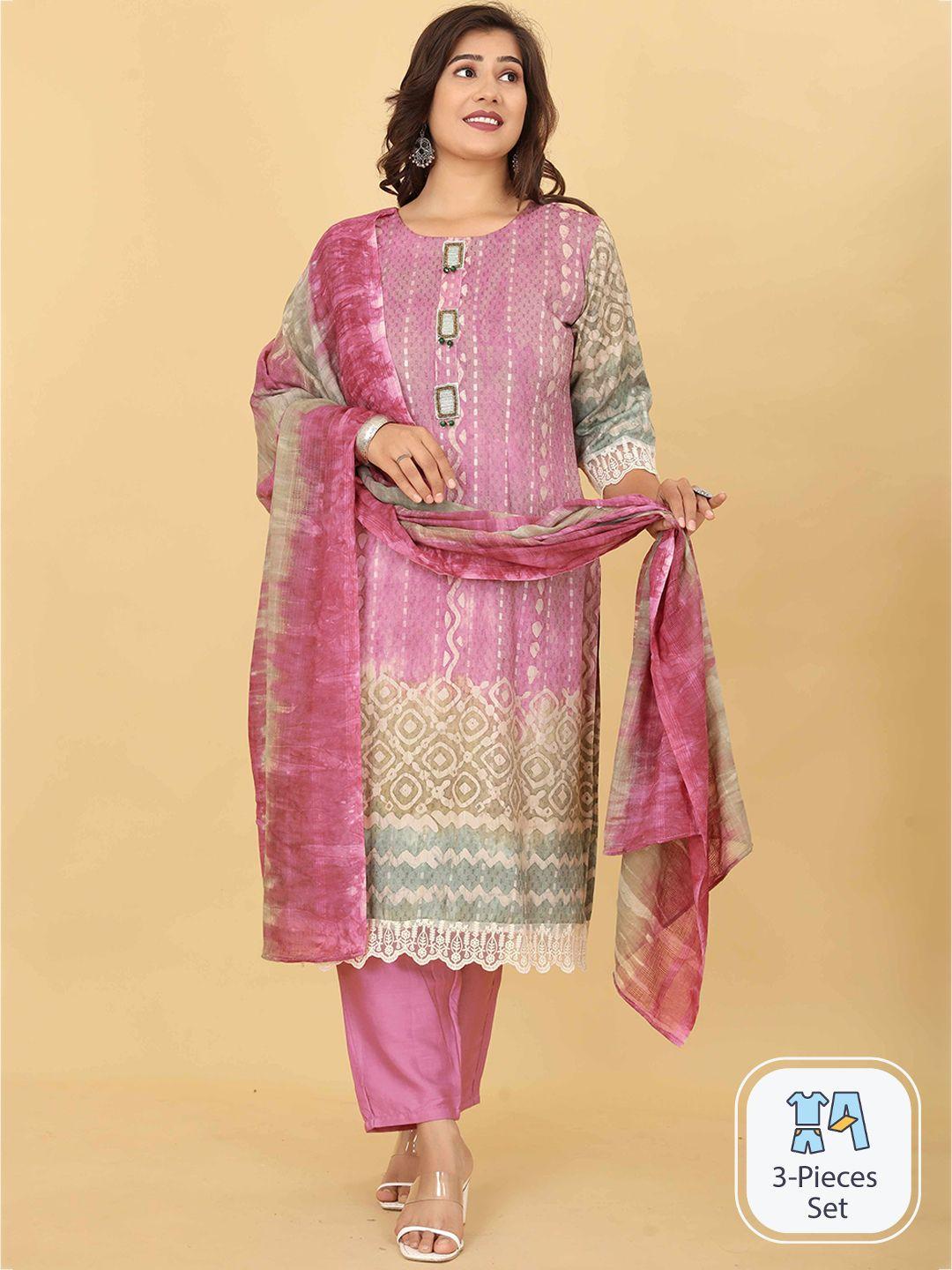 oequal floral printed pure cotton zardozi kurta with trousers & dupatta