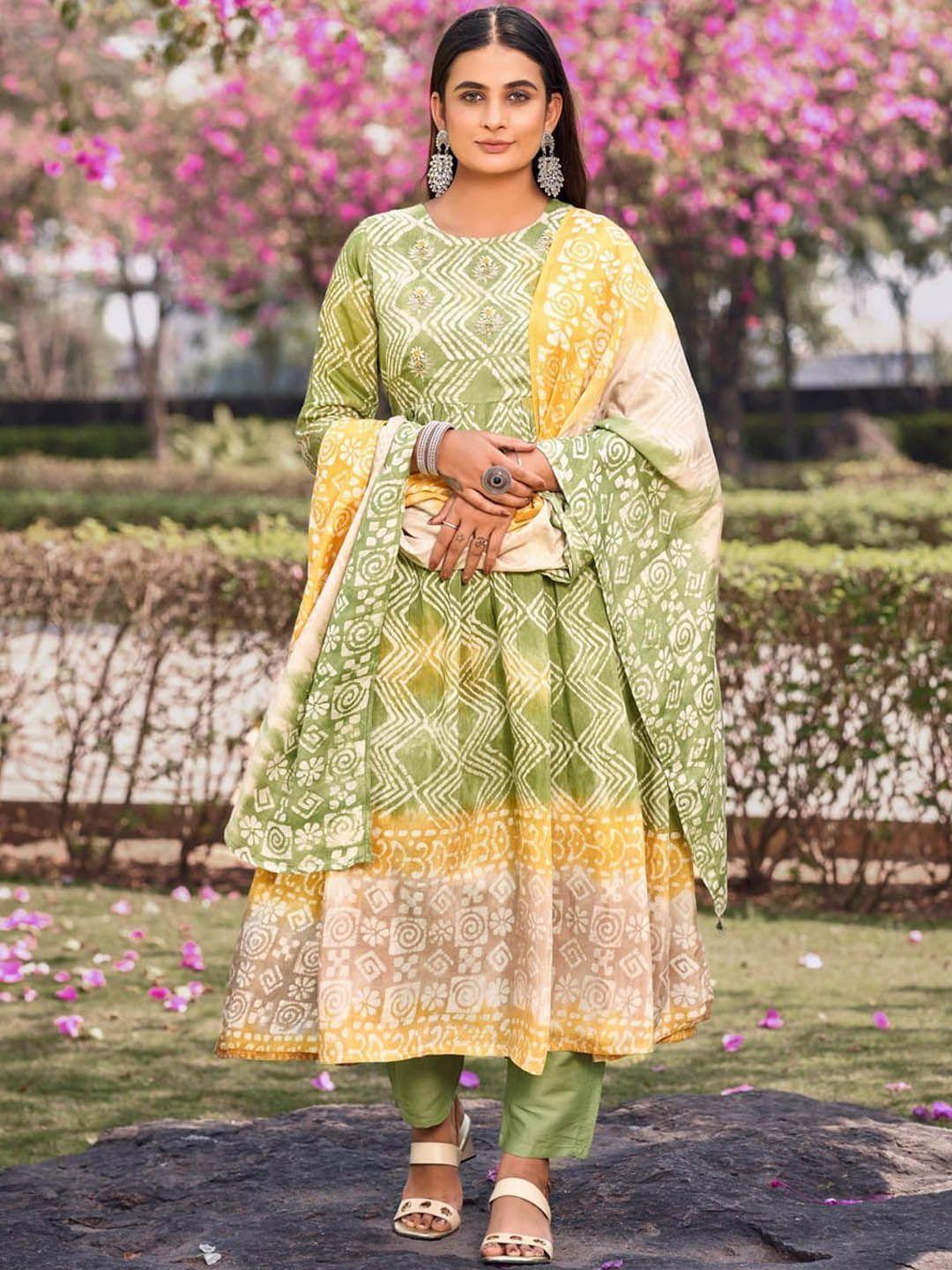 oequal women ethnic motifs printed pleated thread work pure cotton kurta with trousers & with dupatta