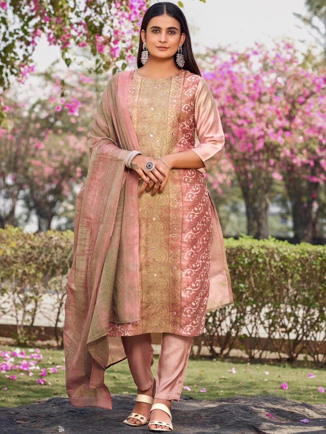 oequal women floral embroidered regular thread work pure cotton kurta with trousers & with dupatta