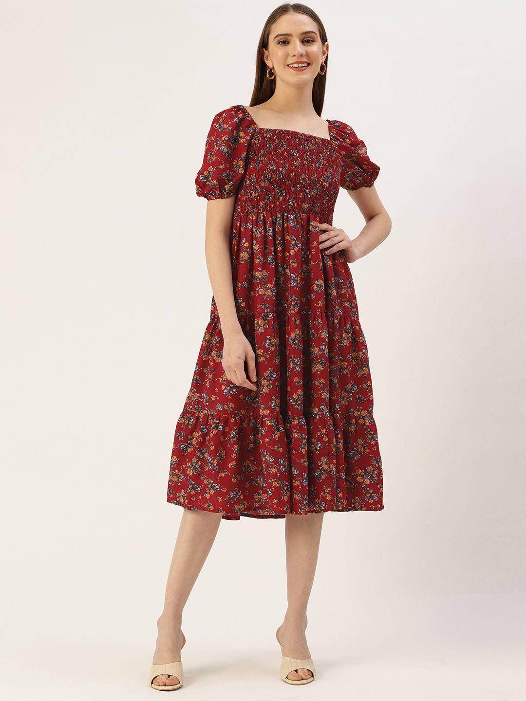 off label red floral a-line midi dress