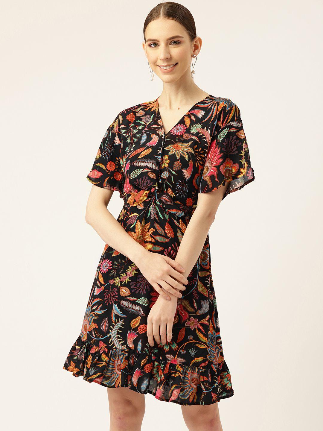 off label women black & mustard yellow floral printed a-line dress