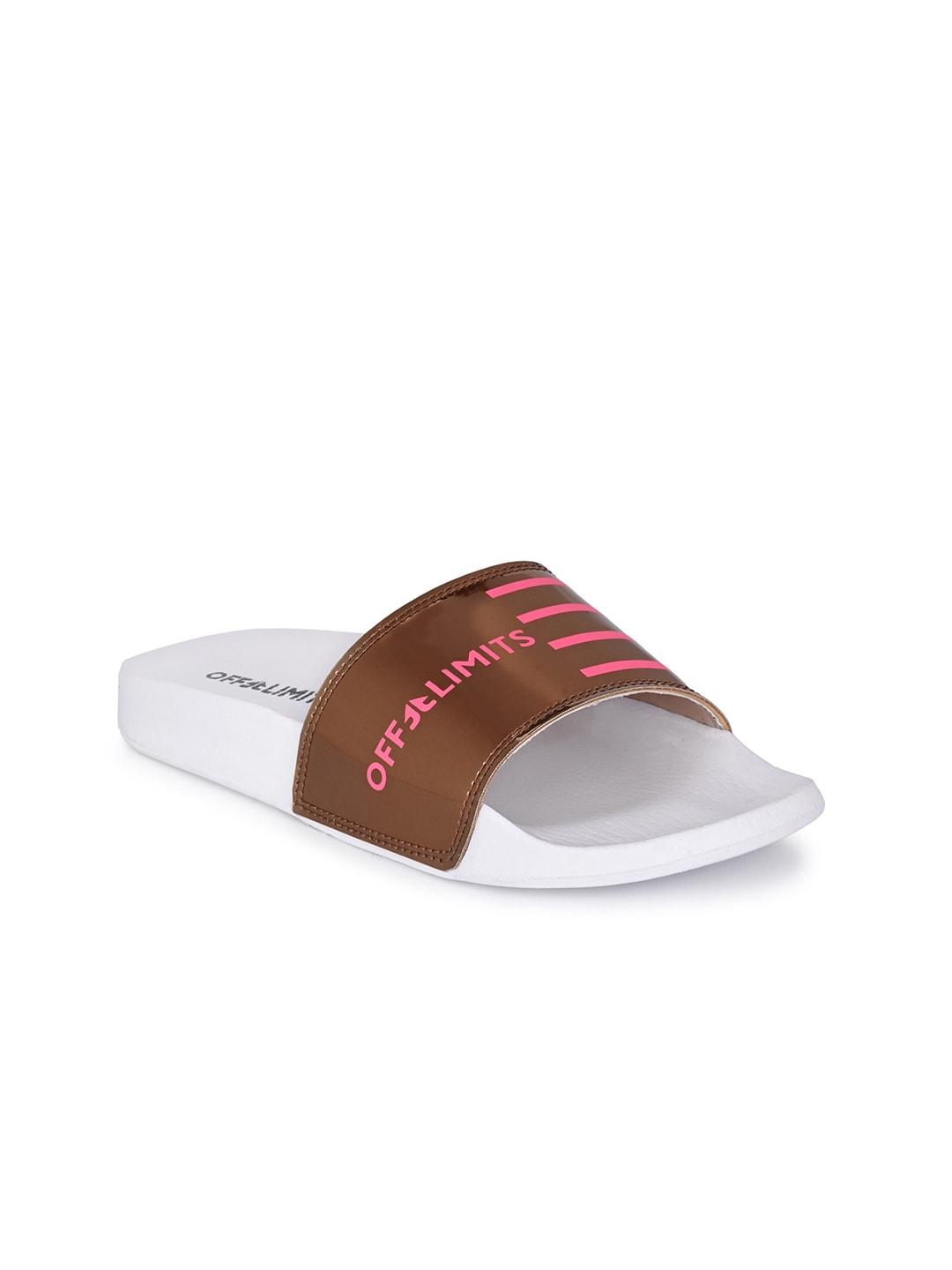 off limits women copper-toned & pink printed sliders