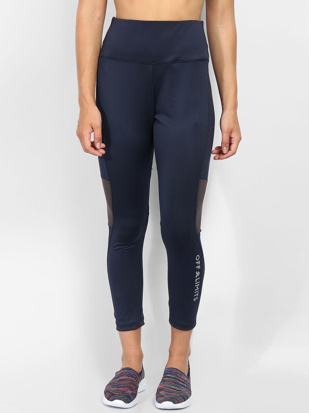 off limits women navy blue colourblocked workout tights