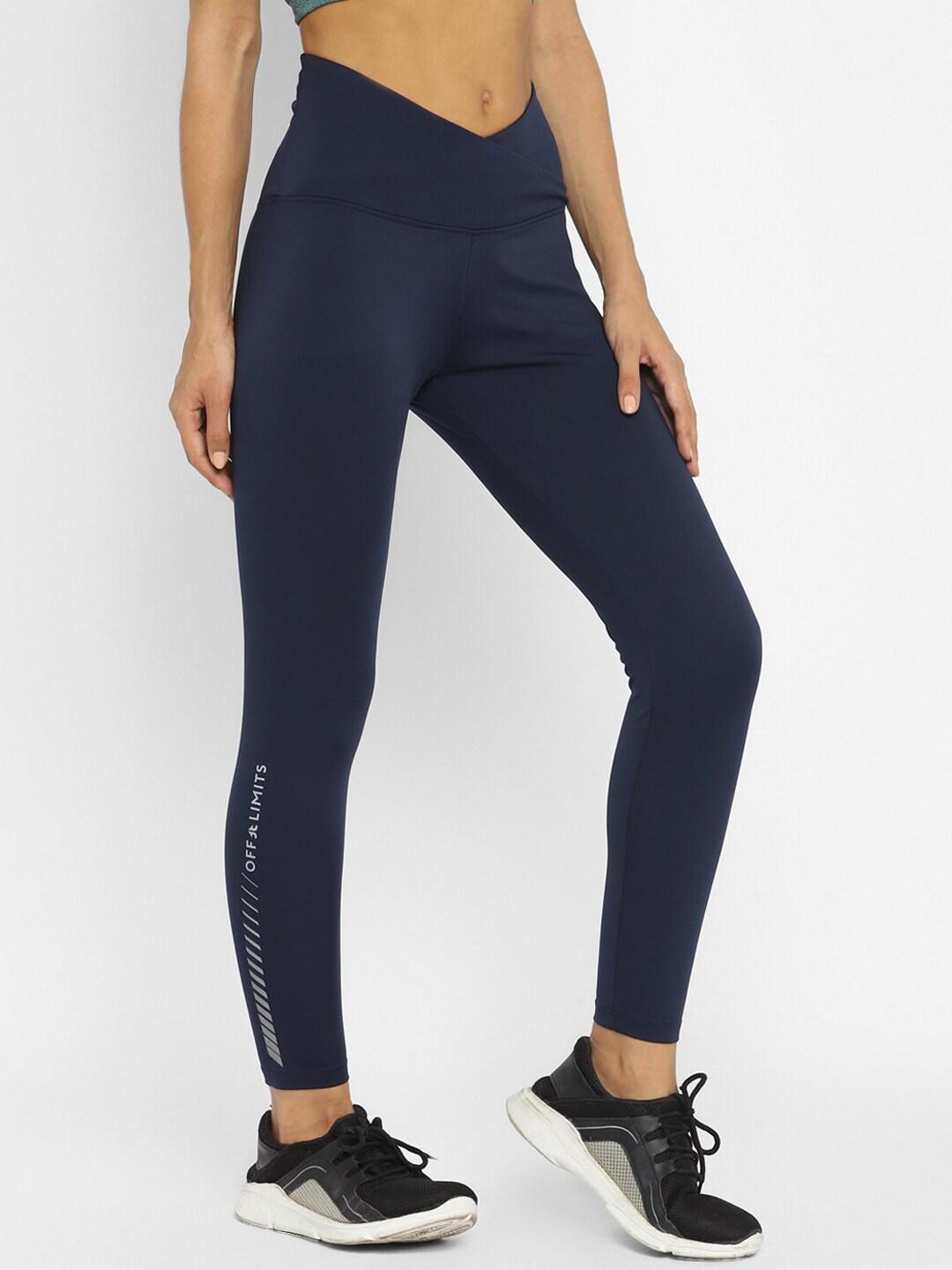 off limits women navy blue solid ankle length training tights