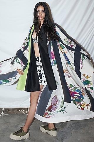 off white & black printed wrap cape with belt