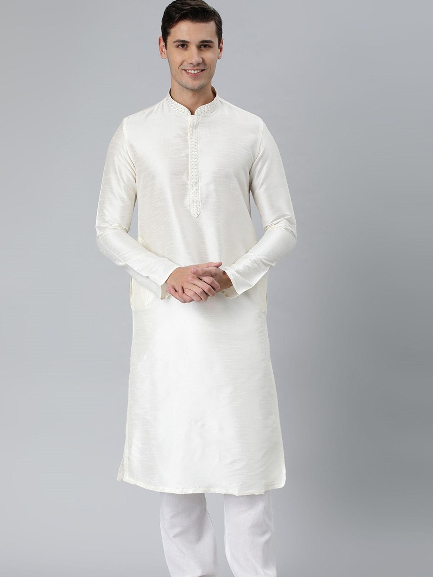 off white dupion art silk full sleeves solid kurta