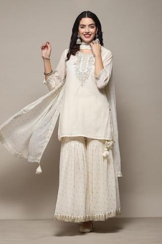 off white embroidered casual 3/4th sleeves round neck women straight fit kurta sharara dupatta set