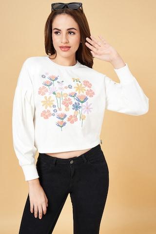 off white embroidered casual full sleeves round neck women regular fit  sweatshirt