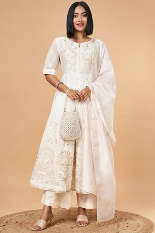 off white embroidered ethnic 3/4th sleeves round neck women flared fit kurta sets
