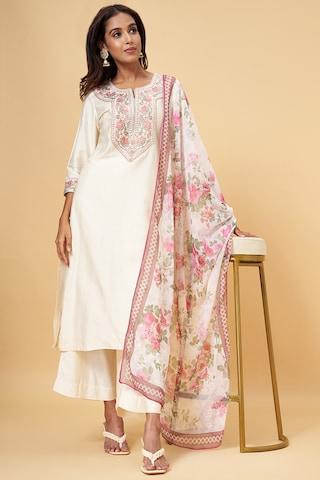 off white embroidered ethnic 3/4th sleeves round neck women regular fit  pant kurta dupatta set
