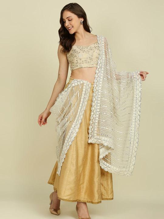 off white embroidered net dupatta and mirror work