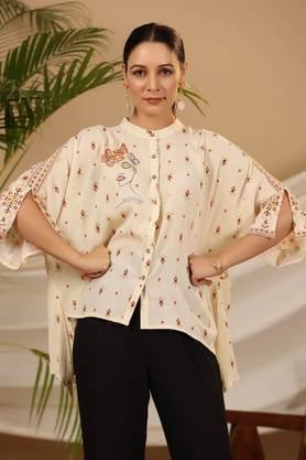 off white geometric printed rayon crepe shirt style tunic with beads & sequins work - off white