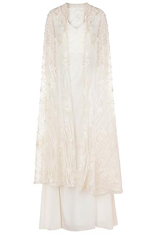off white gown with belt & embroidered cape