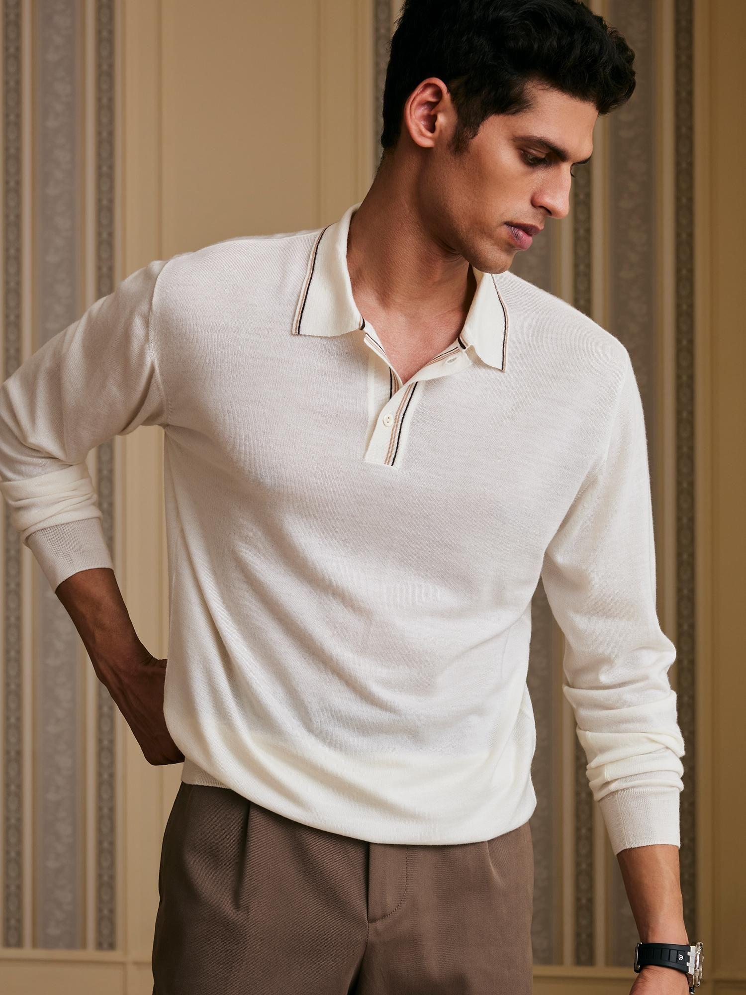 off white men's full sleeve merino wool polo regular fit t-shirt