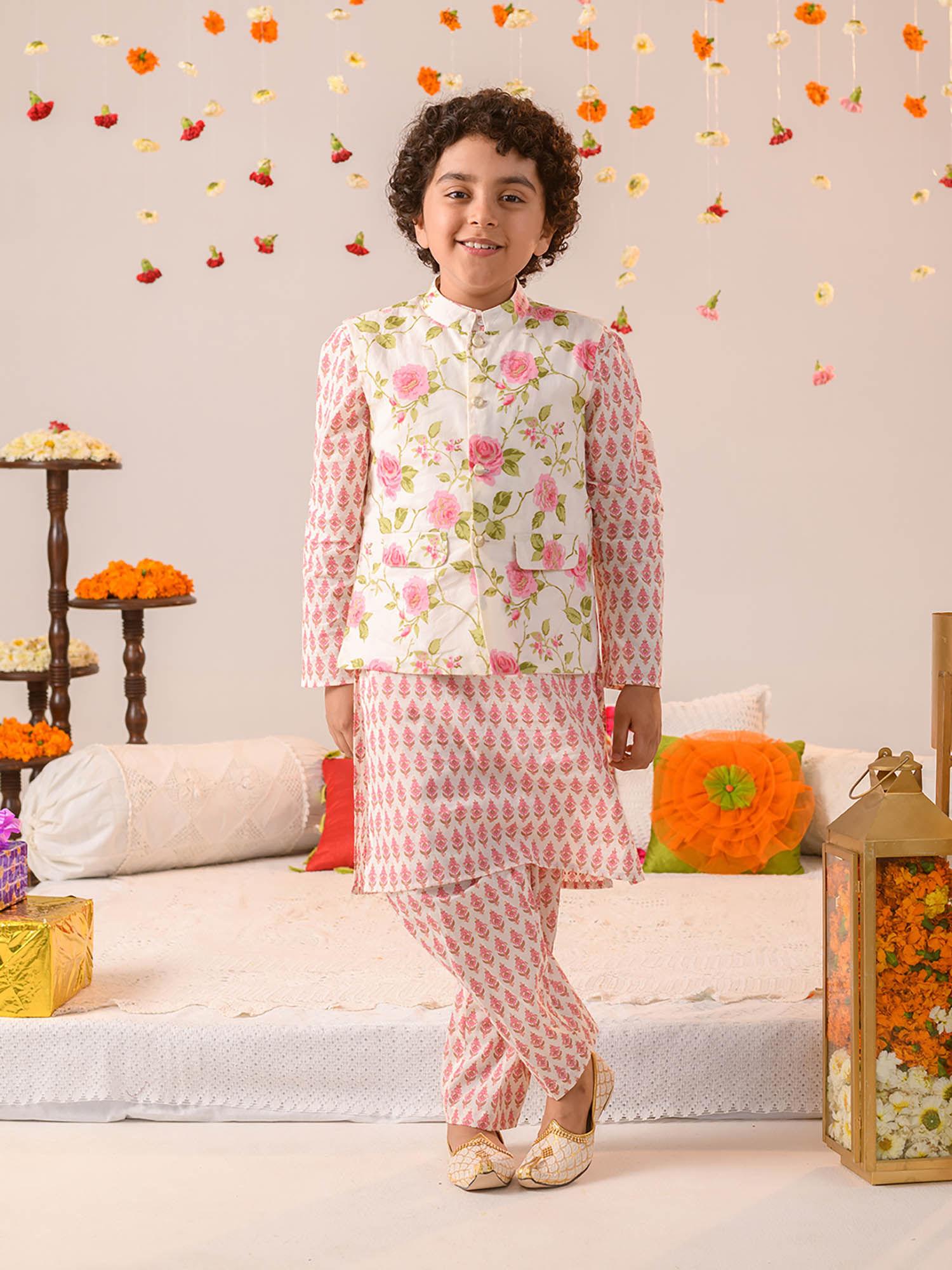 off white pink kurta pyjama with jacket (set of 3)