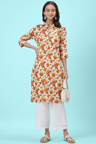 off white print casual mandarin 3/4th sleeves calf-length women regular fit kurta