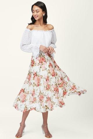 off white printed calf-length casual women comfort fit skirt