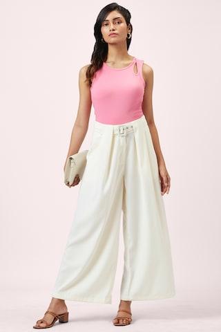 off white solid ankle-length casual women comfort fit trouser