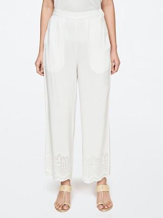 off white solid ankle-length casual women regular fit trouser