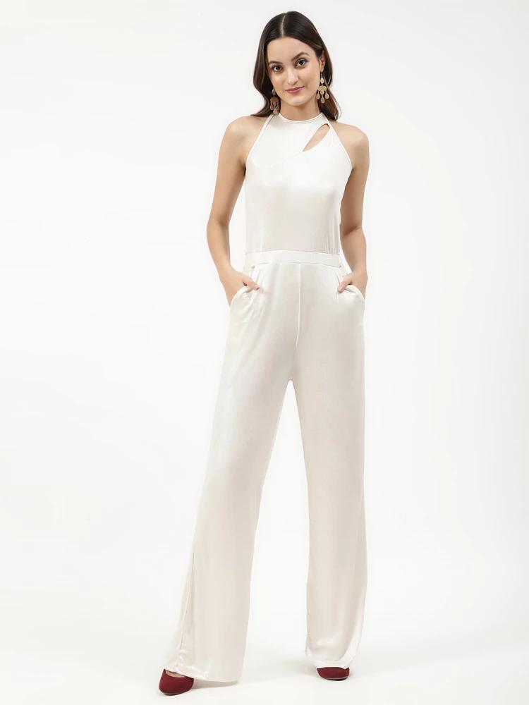 off white solid round neck jumpsuit