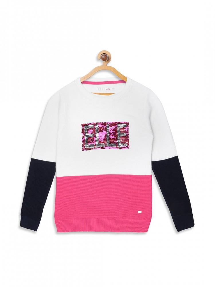 off white solid round neck sweater