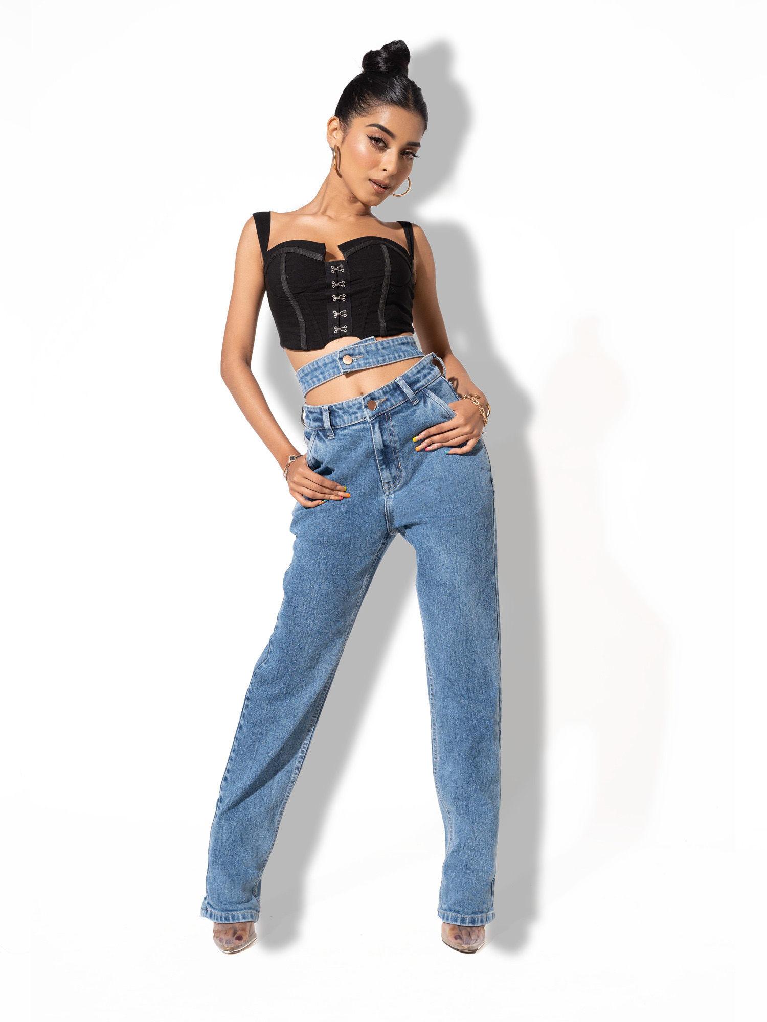 off duty blue double belt straight high waist jeans