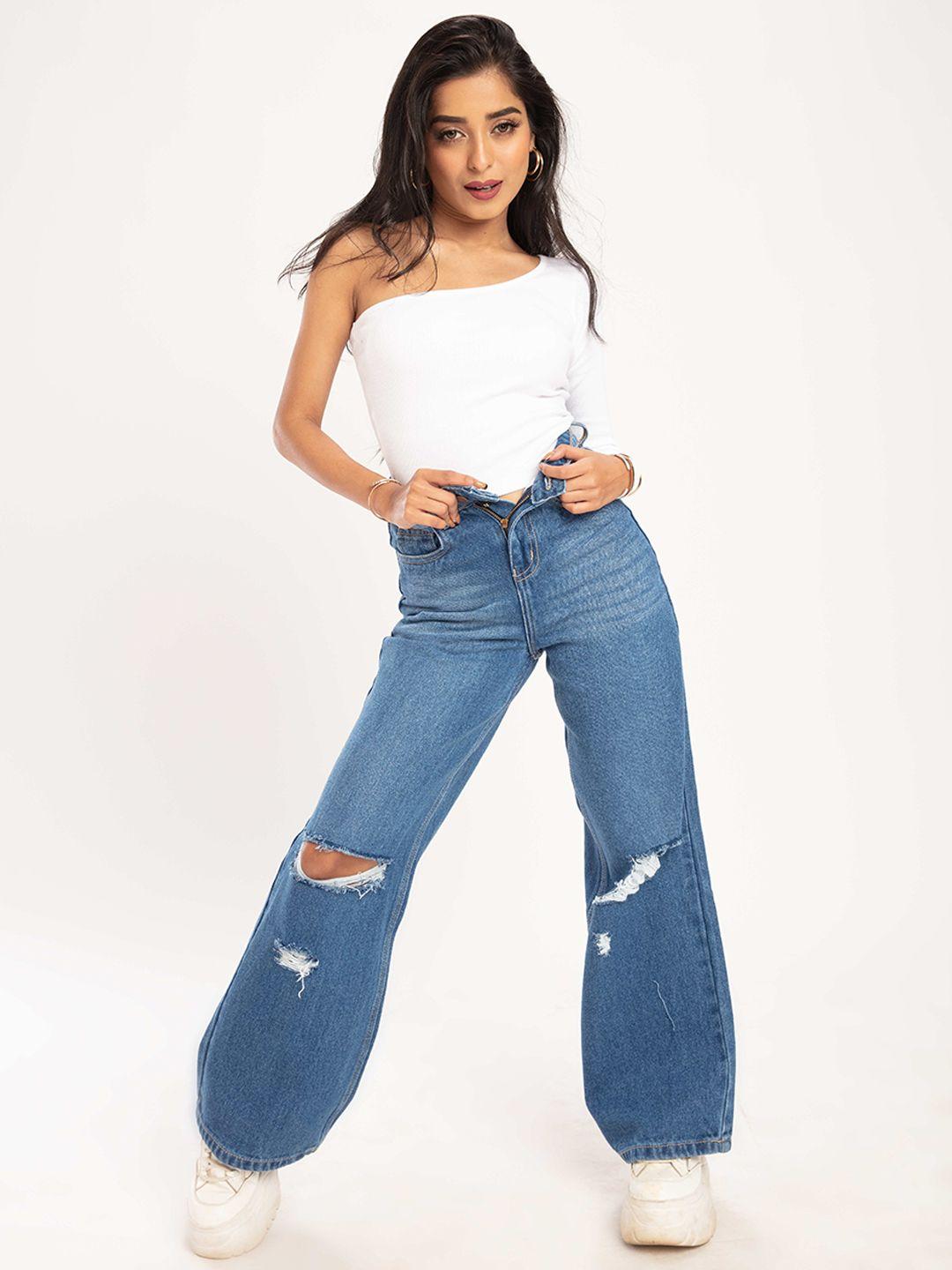 off duty india women blue comfort wide leg high-rise slash knee jeans