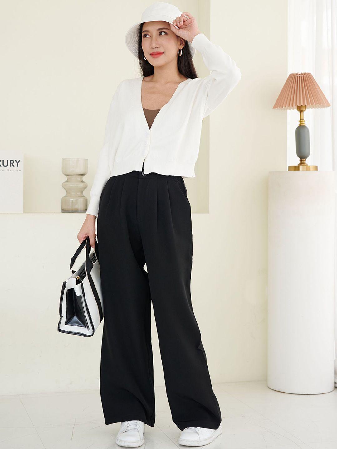 off duty india women comfort wide leg high-rise cotton trousers