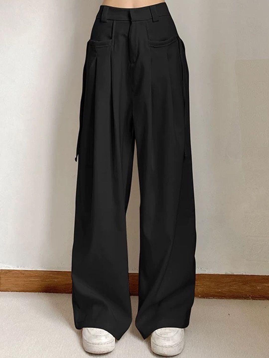 off duty india women loose fit high-rise pleated cotton parallel trousers