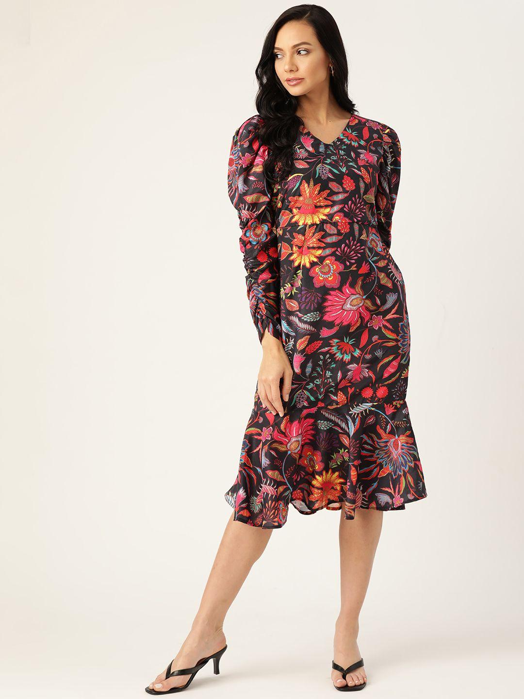 off label black & red floral a-line midi dress with flared hem